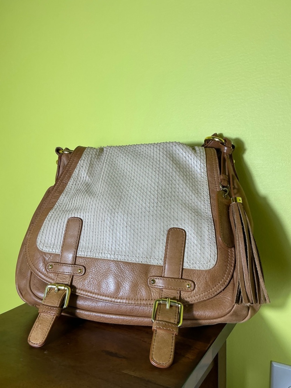 Neutral Two-Tone Leather Crossbody Bag - Cream & Tan